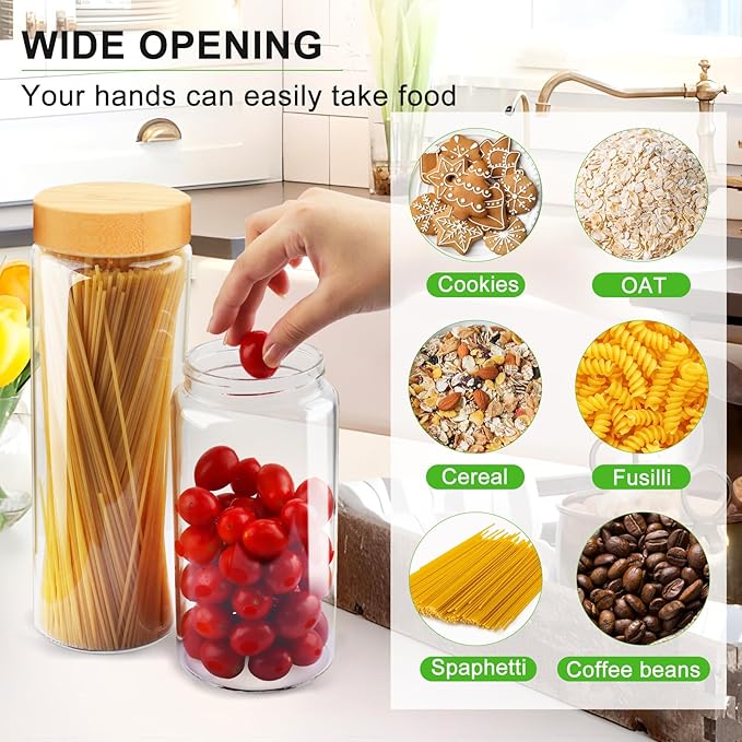 AISIPRIN Airtight Glass Jar with Lid, Glass Storage Containers with Screw On Bamboo Lids, for Cookie, Pasta, Cereal Storage Containers, 5Pcs 80oz 50oz 27oz Canisters Sets for the Kitchen