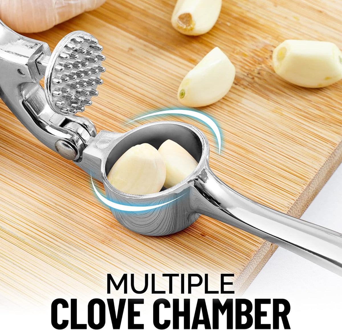 Zulay Kitchen Premium Garlic Press Set - Rust Proof & Dishwasher Safe Professional Garlic Mincer Tool - Easy-Squeeze, Easy-Clean with Soft, Ergonomic Handle - Silicone Garlic Peeler & Brush (Chrome)