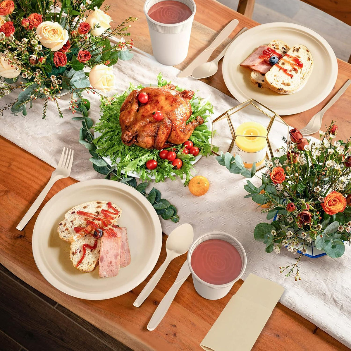 Gezond Compostable Paper Plates Set 250pcs Disposable Sugarcane Plates Utensils Eco-Friendly Plate, Cutlery, Napkins, Straws and Cups for Party 25 People