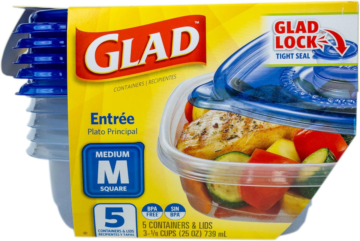Glad GladWare Entrée Food Storage Containers, Medium Square - Meal Container Holds up to 25 Ounces of Food - Lock Tight Seal, 5 Count