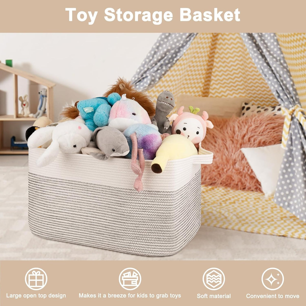 OIAHOMY 95L Blanket Basket, 24”x17”x14”, Large Woven Baskets for Storage, Nursery Cotton Rope Basket with Handle, Living Room, Nursery, Bedroom,Toy Baskets Organizer Bins, Black and White