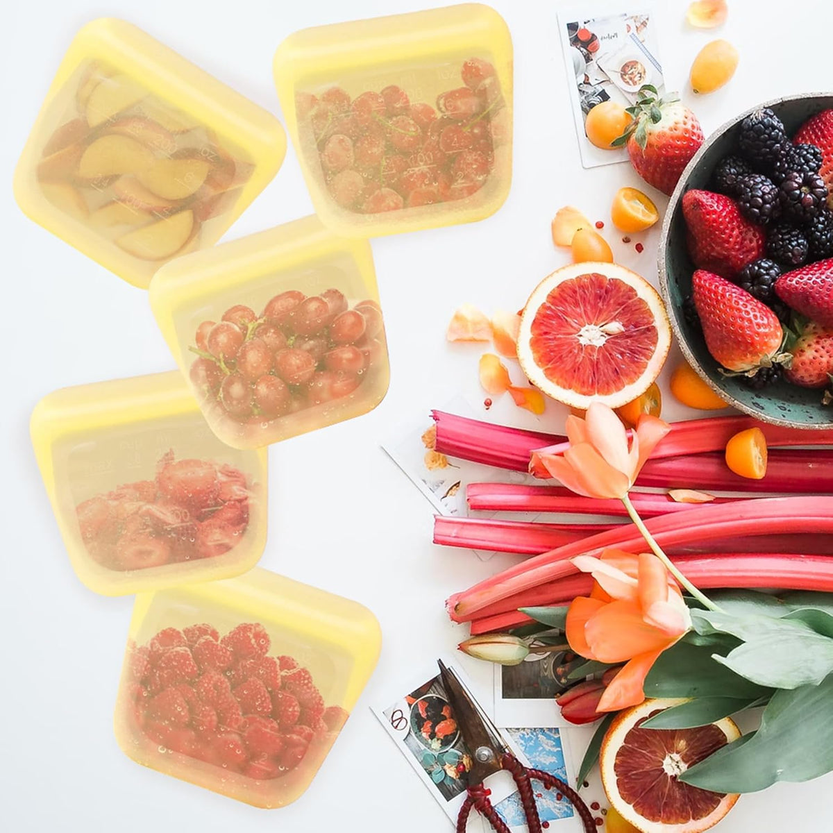 purifyou Set of 5 Reusable Silicone Storage Snack Bags 6oz / 16oz / 32oz / 64oz Self-Seal Food Storage Container for Fruits, Vegetables, Sandwiches, Dishwasher Safe & Leak-free (PastelYellow, 6oz)