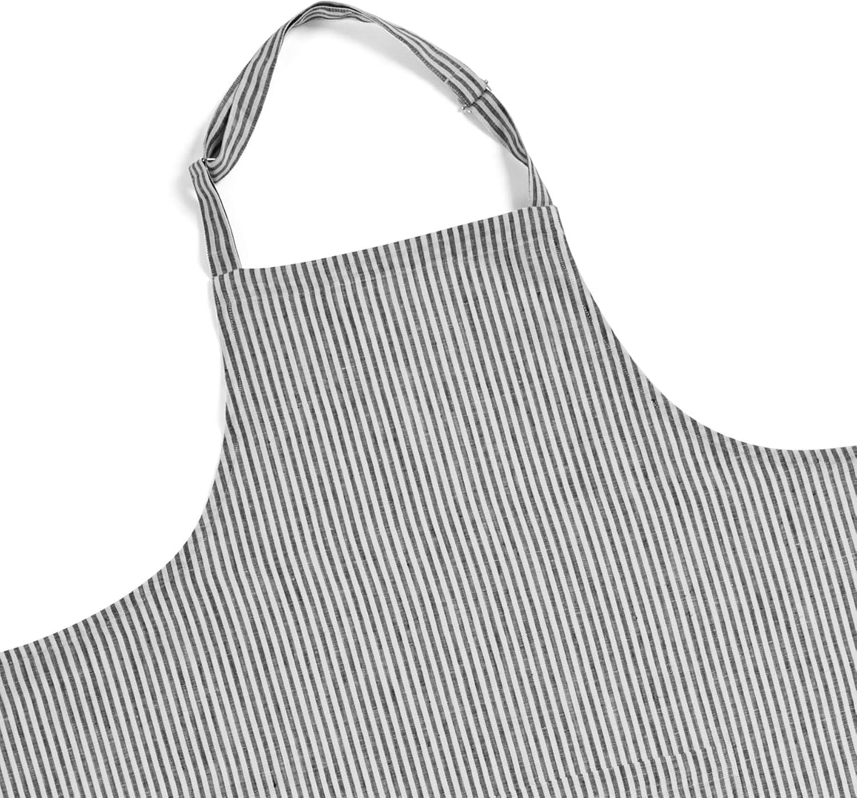 Solino Home 100% Pure Linen Apron for Women & Men - Black and White Stripe Full Midi Bib Apron, Adjustable Neck Strap with Center Pockets for Kitchen, Chef - Handcrafted from European Flax