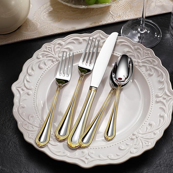 KEAWELL Pearl Edge 4-Piece Premium Spoon Set, 18/10 Stainless Steel, Fine Silverware Spoons with Refined Bead Design, Brightly Polished, Dishwasher Safe (Gold Accent, 6.4" Teaspoons)