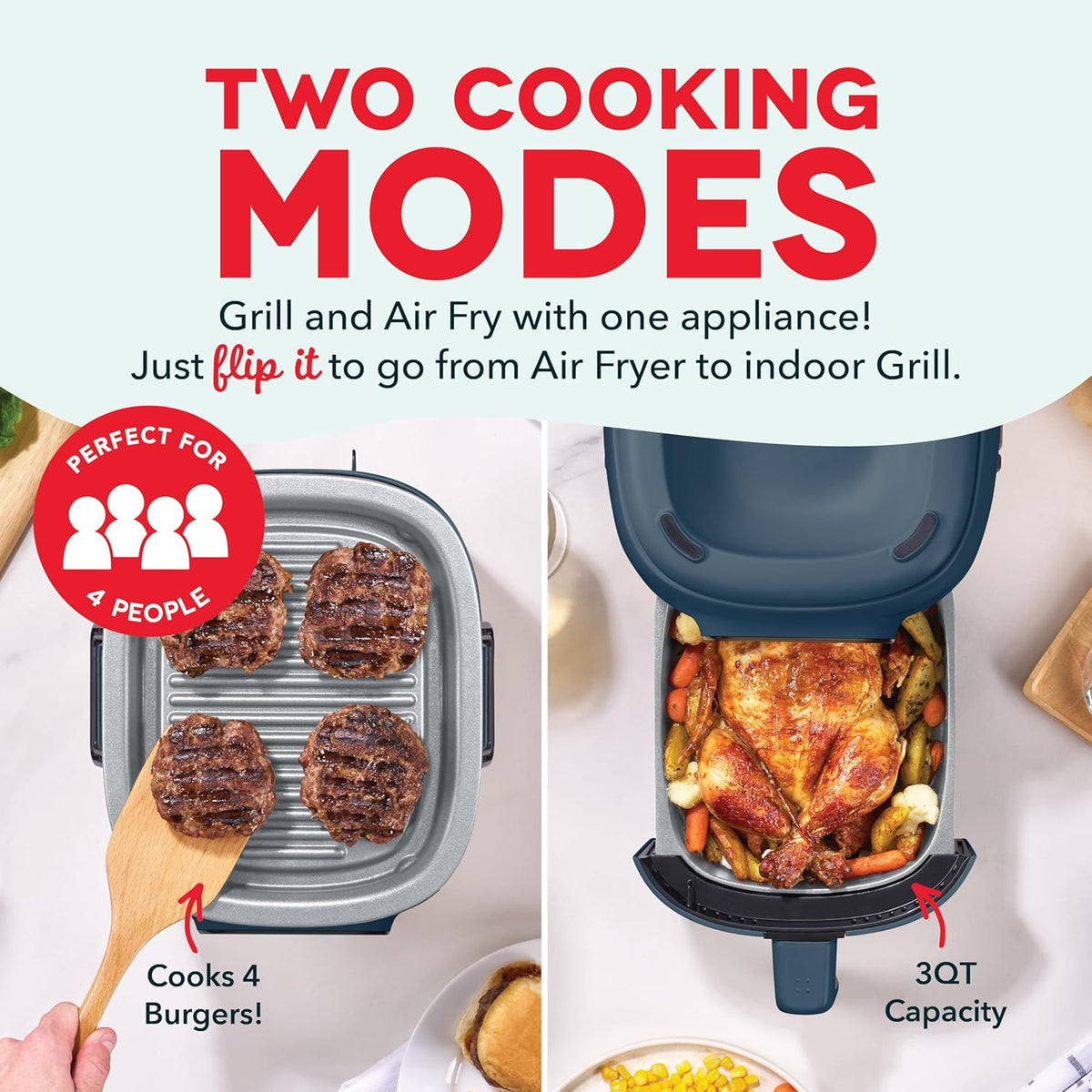 Dash Flip & Fry™ Digital 2-in-1 Grill + Air Fryer with 4 functions, 3 Qt Capacity, Air fryer & Indoor Grill for fries, wings, burgers and more - Navy