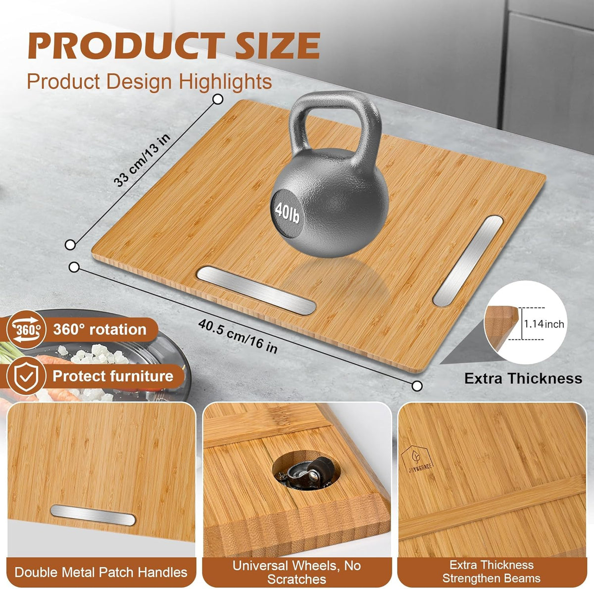 Joy&Grace Appliance Slider for Kitchen Appliances 360° Rolling Sliding Tray for Coffee Maker Countertop, Bamboo Coffee Pot Slider Rolling Tray (Natural, Large 16"x13")