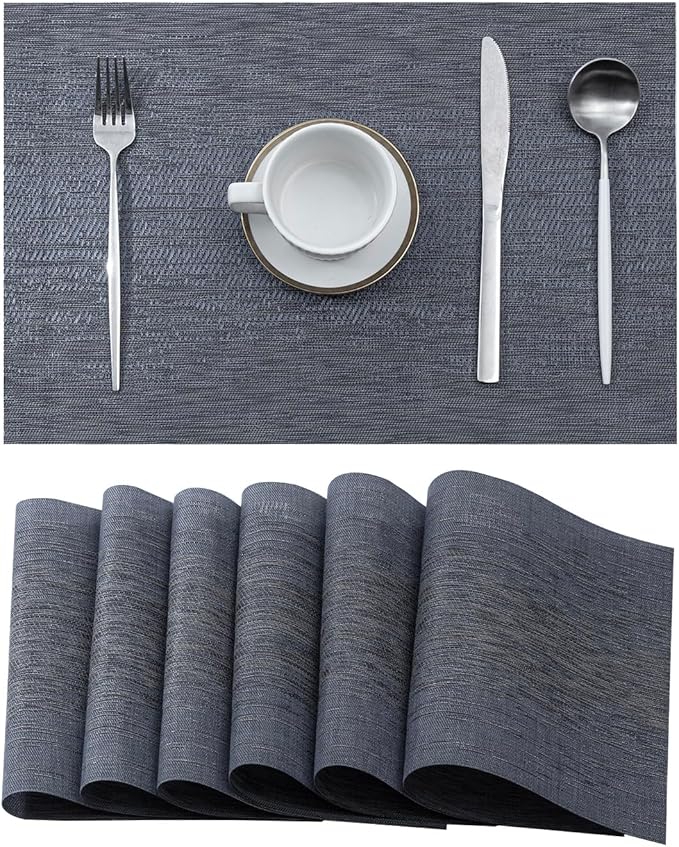 Leetaltree Denim Blue Placemats Set of 6 - Heat Resistant Non-Slip Place mats for Dining Table, Washable Durable PVC Vinyl Woven Table Mats（Denim Blue, 6）