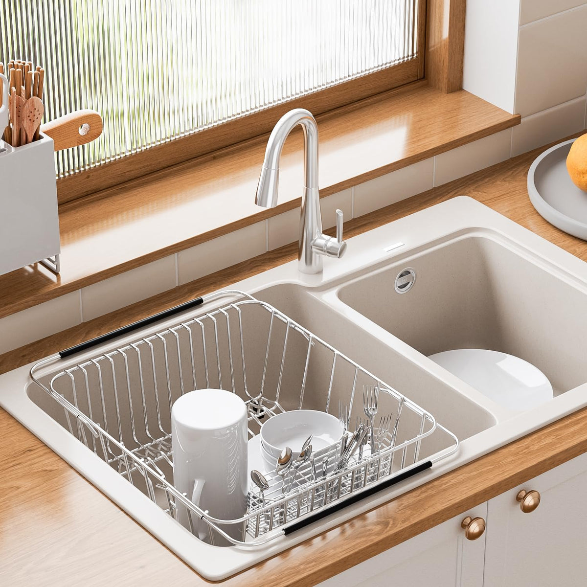 JAQ Dish Drying Rack in-Sink, 304 Stainless Steel Dish Drainer with Stainless Steel Silverware Holder Over Inside Sink-Adjustable 15.16" to 20.59" Maximium 13 Upright Dishes