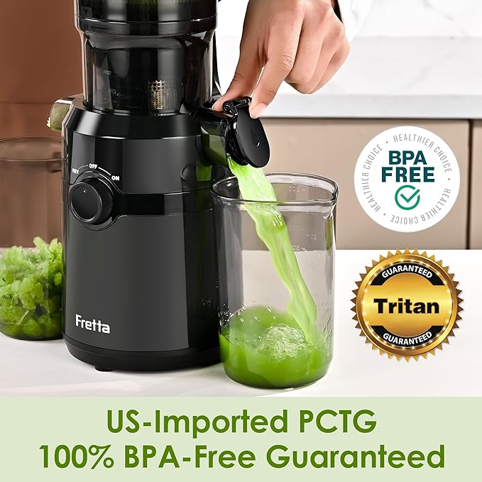 Juicer Machines,Fretta Compact Cold Press Juicer with PCTG Material from US,Fit Whole Fruits & Vegetables,BPA-Free, Easy to Clean (Pure Black, 1.0 L)