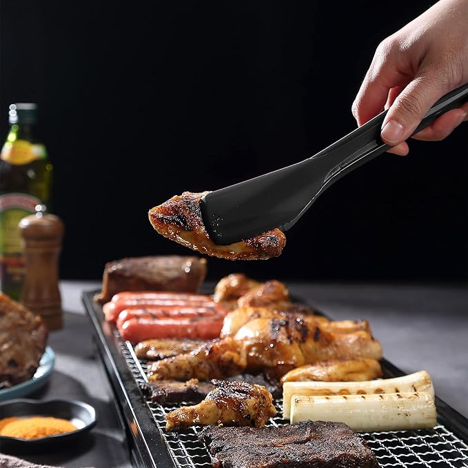 Mu&Ti Silicone Kitchen Tongs 11 Inch Spatula Silicone Toast Tongs Salad Tongs for Cooking Salad BBQ Serving Toast Grilling Locking Frying Baking Steak(Black)