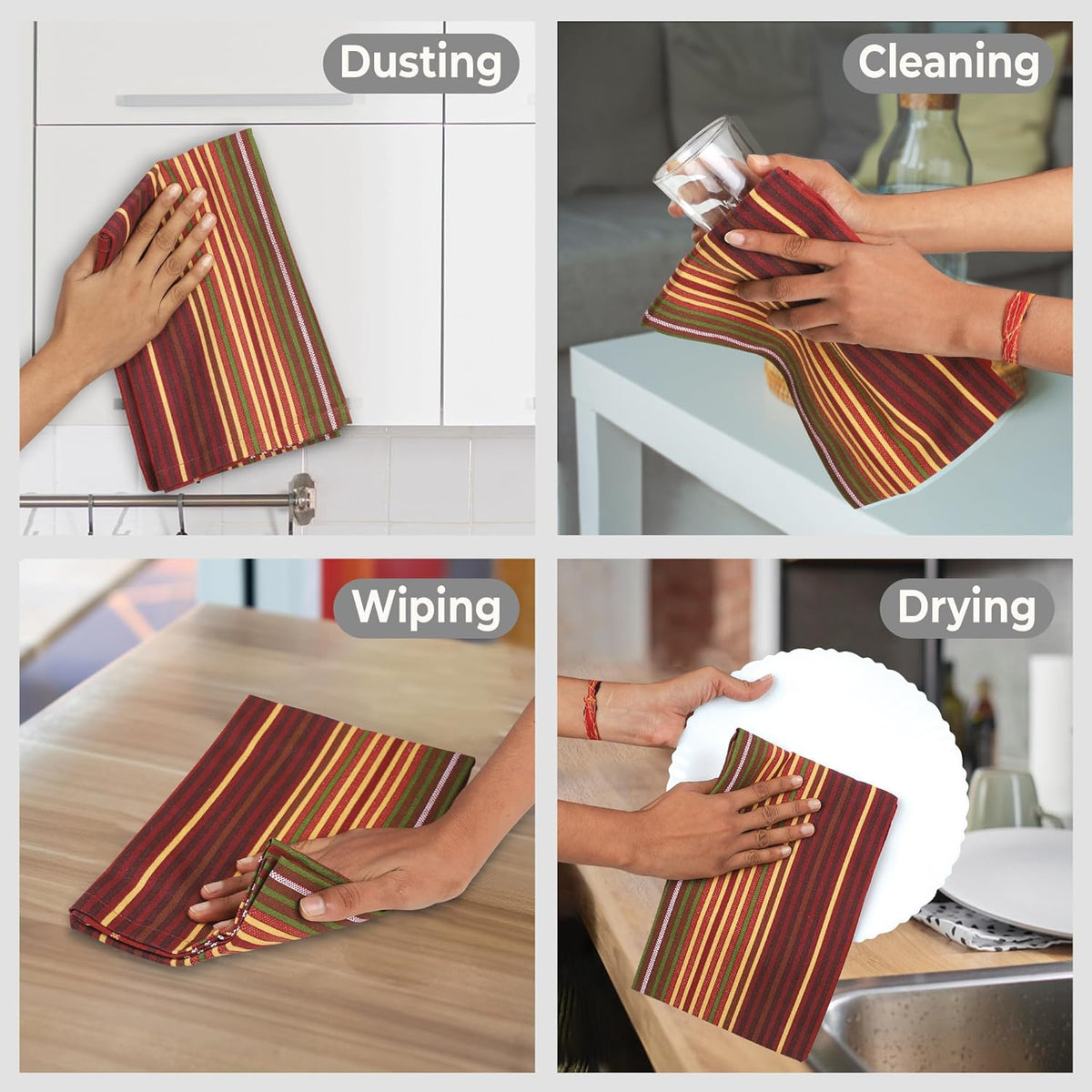Urban Villa Fall Print Stripes Kitchen Towels Premium Quality 100% Cotton Harvest Dish Towels Mitered Corners Ultra Soft (Size: 20X30 Inch) Thanks Giving Highly Absorbent Tea Towels - (Set of 6)