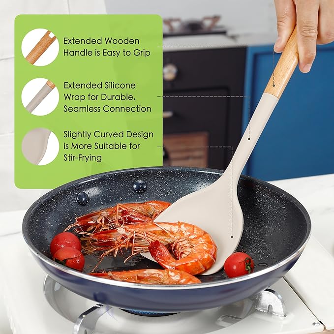 Large Silicone Cooking Utensils Set 7 Pcs, Wooden Handles Heat Resistant Spatula Set, Food Grade Silicone Kitchen Utensils Set with Holder, Gadgets BPA Free for Non-Stick Cookware