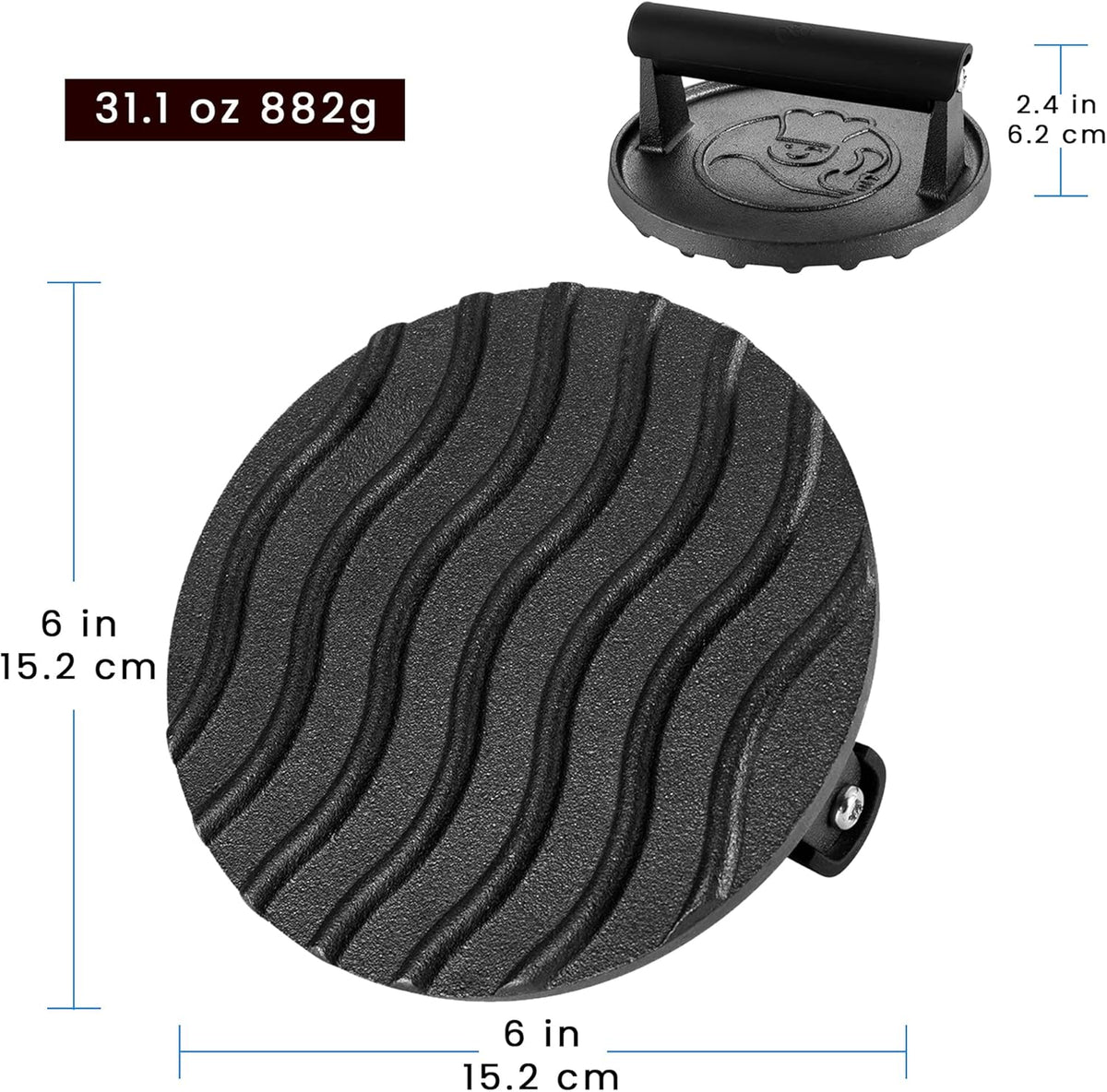 Smash Burger Press for Griddle, 2 lb Heavy Duty Burger Smasher Tool with Heat-Resistant Handle, Premium Cast Iron Bacon & Sandwich Maker, Hamburger Press for BBQ Grilling Accessories, 5-Year Warranty