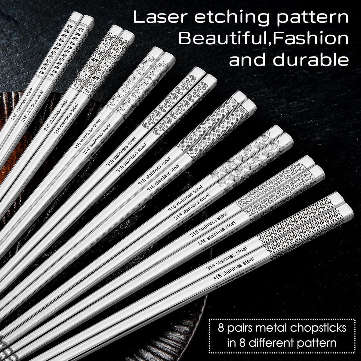 8 Pairs Metal Chopsticks Reusable 18/10 Stainless Steel Chopsticks Set Cute Laser Engraved Non-slip Japanese Korean Chinese Chopstick for Cooking Eating Dishwasher Safe 9.25" Chop Sticks Gift Set