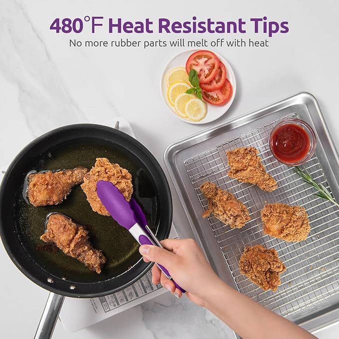 Heat Resistant Silicone Kitchen Tong: U-Taste 9 inch 480ºF Hot Proof Cooking Tong with Firm Sealed Non Stick Rubber Tips & Silicon Coated Steel Handle & Smooth Locking for Serving Grill Salad (Purple)