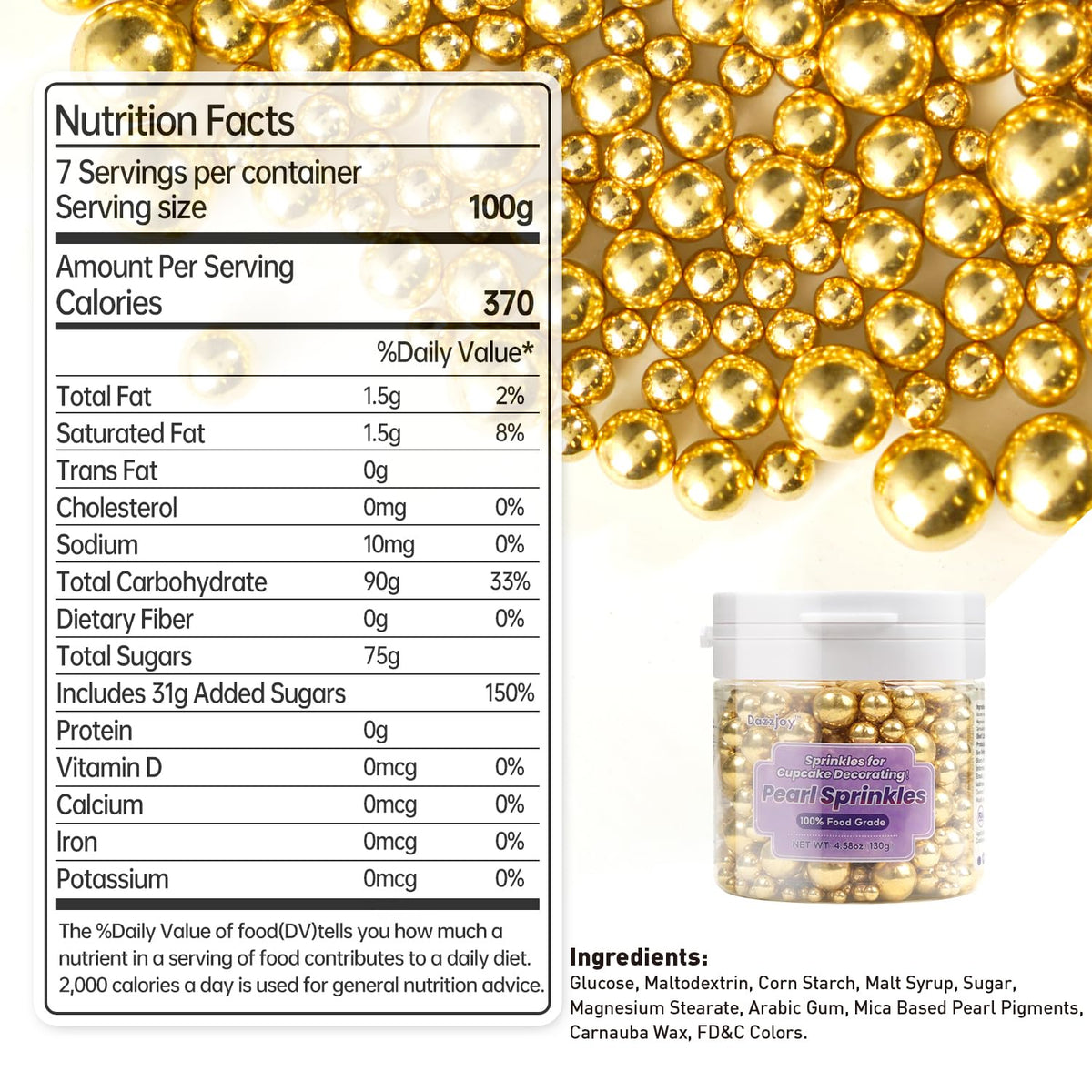 Dazzjoy Gold Pearl Sugar Sprinkles, Edible Candy Sprinkles, Cake Toppers and Cake Decorations, Mix Size, Cookie Decorating, Ice Cream, Wedding Party Valentines Supplies, 130g/4.58oz