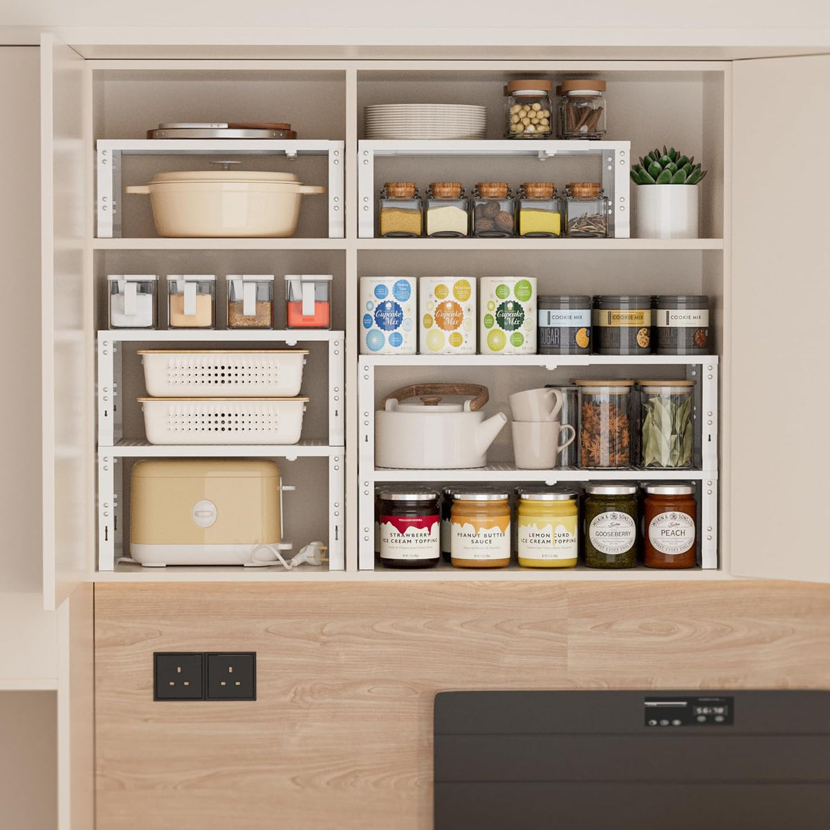 Heavy-Duty Adjustable Metal Shelf Organizer - Expandable & Stackable Pantry Storage Rack for Kitchen, Bathroom, RV, Cabinets(1 Pack/White, Medium)