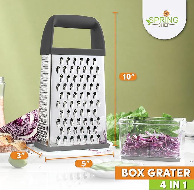 Spring Chef Professional Gray 10" Parmesan Cheese Grater With Container, Stainless Steel & Soft Grip Handle, 4 Sided Kitchen Carrot Shredder, Handheld Box Grater for Potato, Veggie, Ginger, Hashbrown