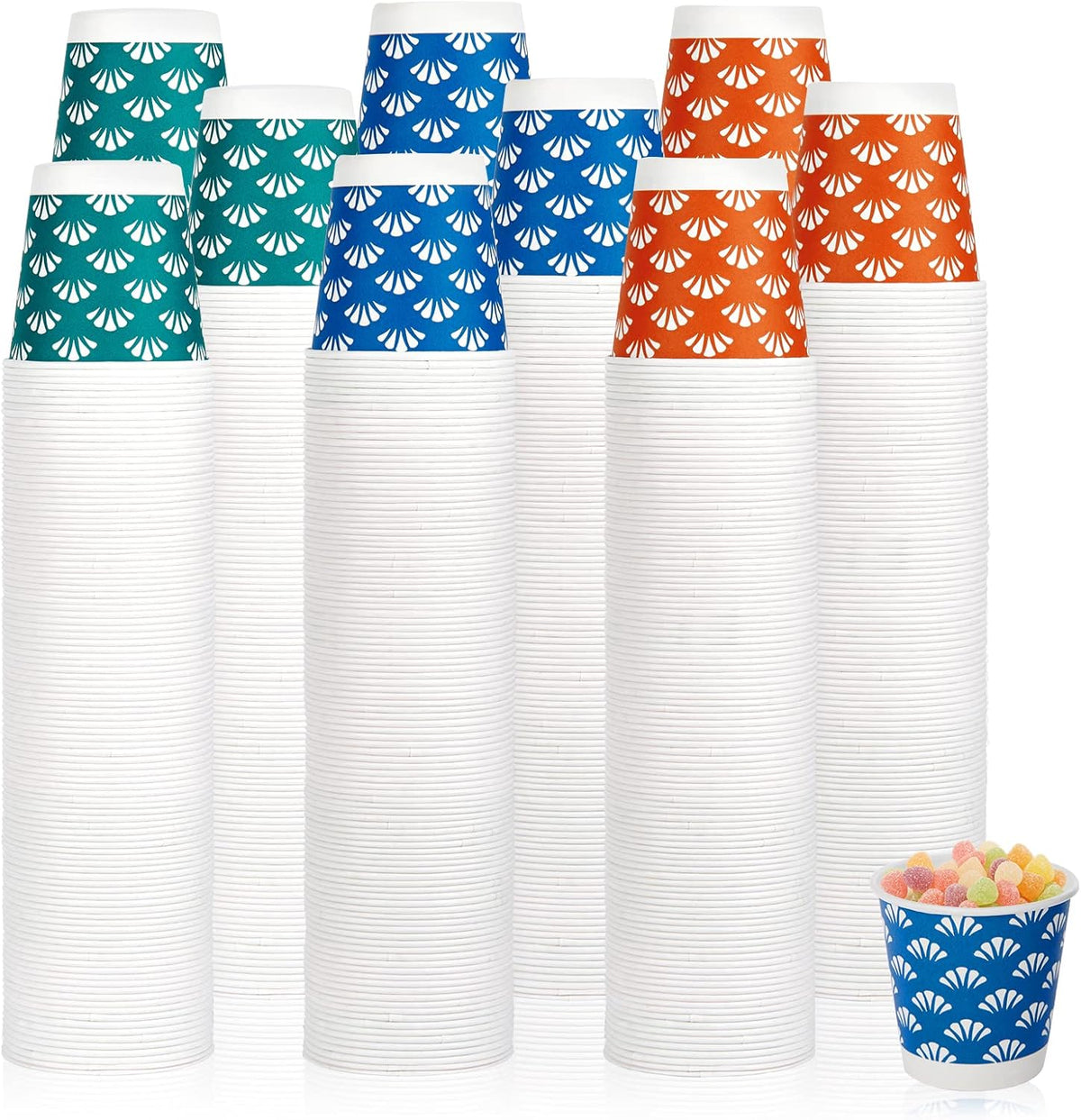 JollyPack 1200 Pack 3 oz Disposable Bathroom Paper Cups, Small Mouthwash Cups in Orange, Blue, and Green, Great for Candy, Biscuits, Bathroom Use, Parties, Picnics, and Travel