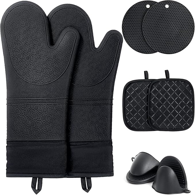 8PCS Oven Mitts and Pot Holders Sets - 480°F Heat Resistant Pot Holders and Oven Mitts, 14.5" Extra Long Silicone Oven Mitts for Cooking, Non-Slip Oven Mitt with Soft Cotton Lining, Black