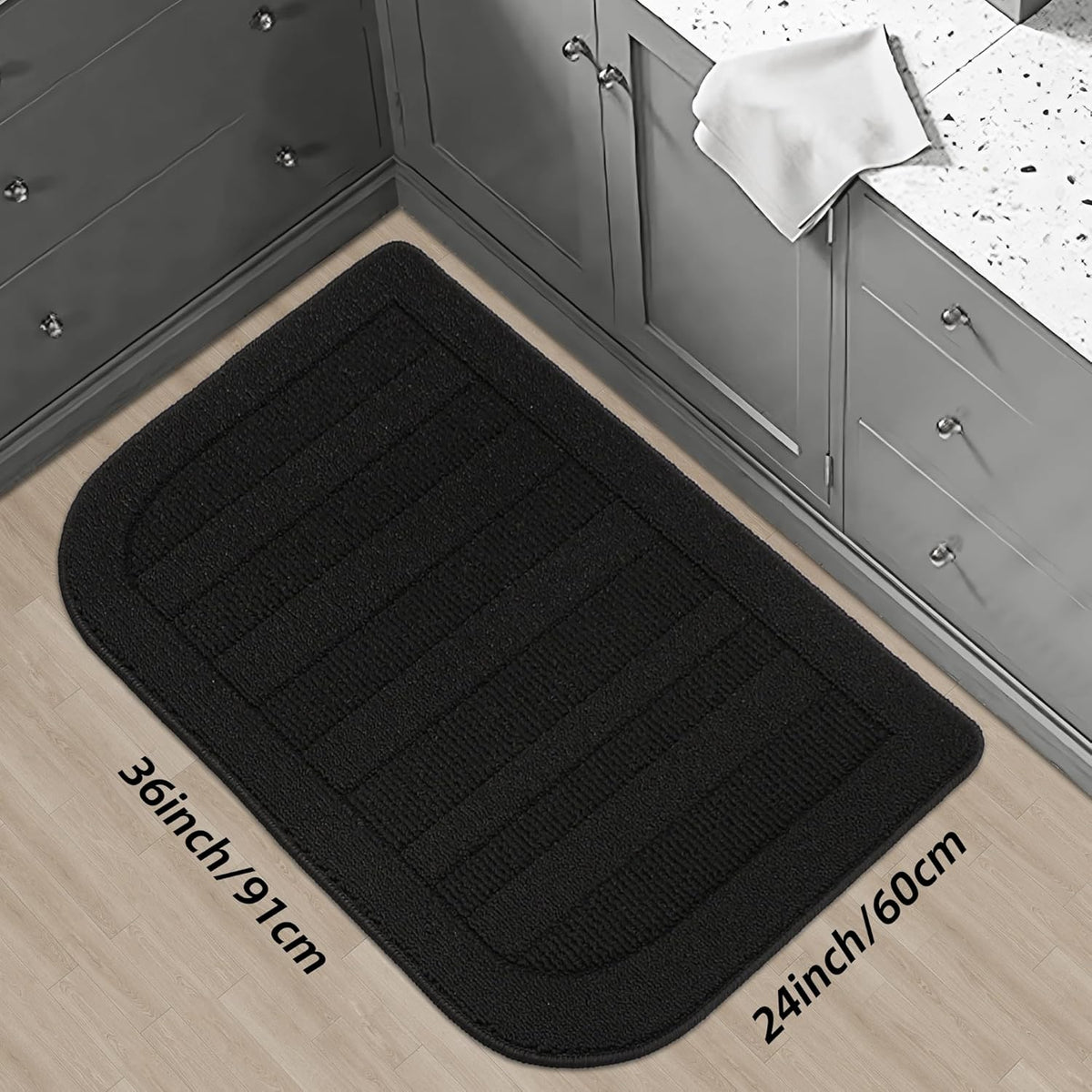 BEQHAUSE 24x36 Inch Kitchen Rug Mat Durable Kitchen Rugs Non-Slip Washable Absorbent Kitchen Mats for Floor Dirt-Resistant Semicircular Kitchen Mat (Black)