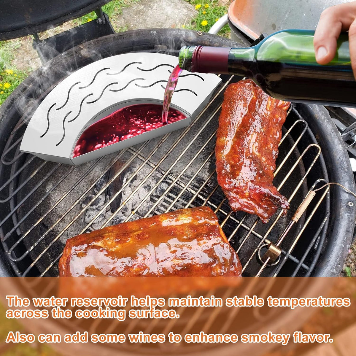 Onlyfire BBQ Smoker Box, Stainless Steel Fan-Shape Wood Chip Smoker Box with Removable Lid & Water Reservoir for Charcoal Grills, Kamado Grills - Add Smokey BBQ Flavor to Your Foods, Design Patent