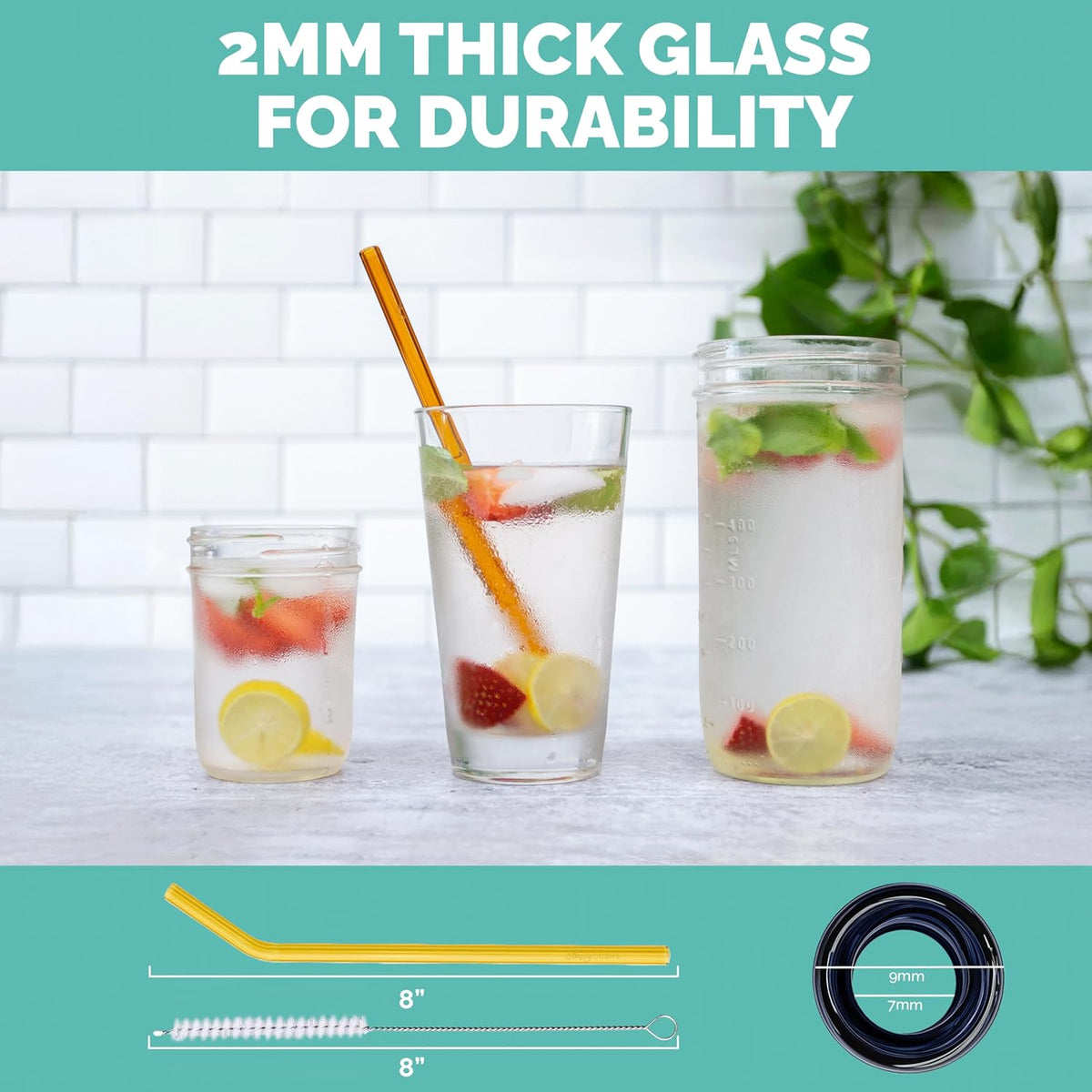 Simply Straws 8 Inch Glass Straws Bent (6-Pack) – Reusable Glass Straws for Pints & Juice Drinkware, with Cleaning Brush – Dishwasher Safe, Hot & Cold Use, BPA-Free (Fjord Mist)