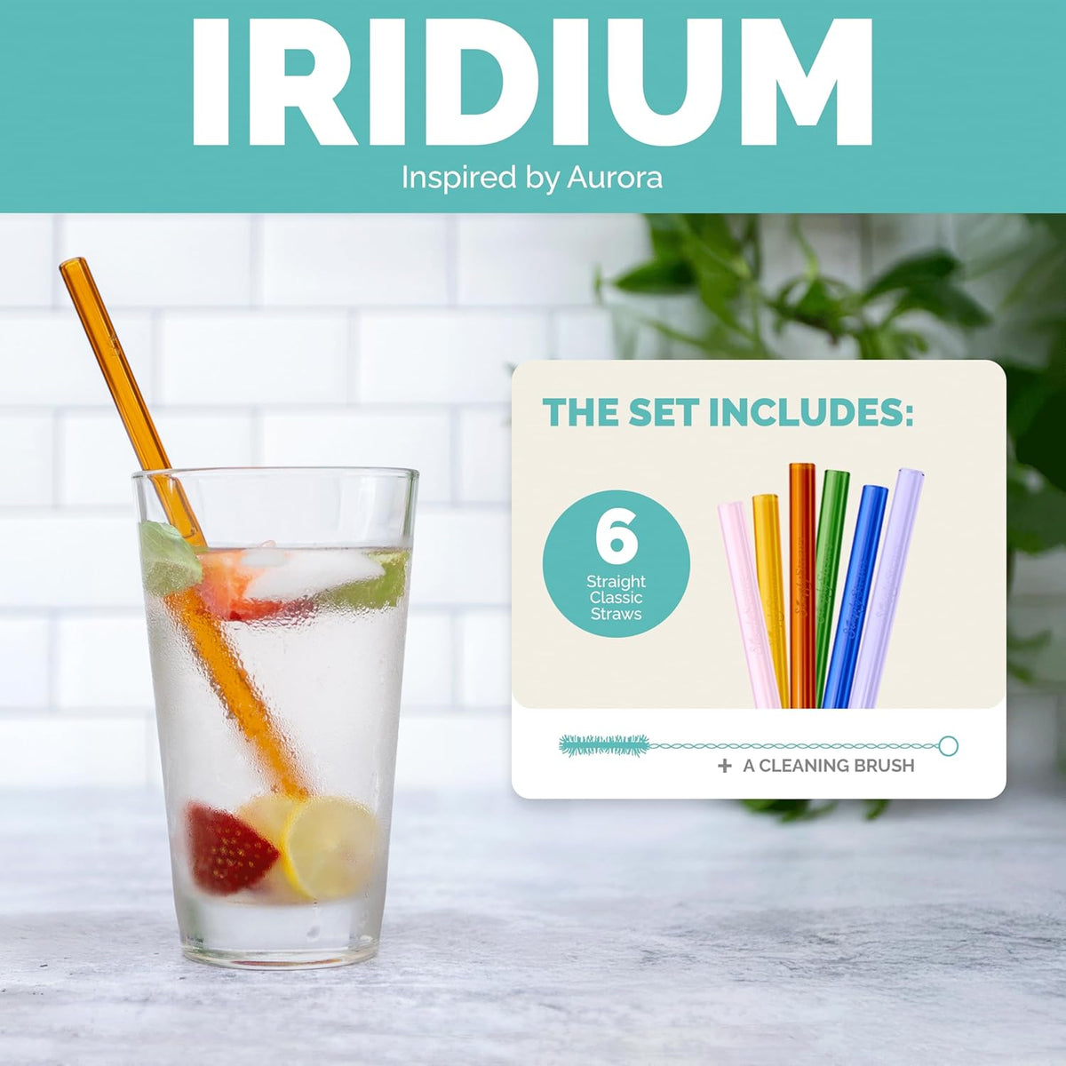 Simply Straws 8 Inch Glass Straws Straight (6-Pack) – Reusable Glass Straws for Pints & Juice Drinkware, with Cleaning Brush – Dishwasher Safe, Hot & Cold Use, BPA-Free (Iridium)