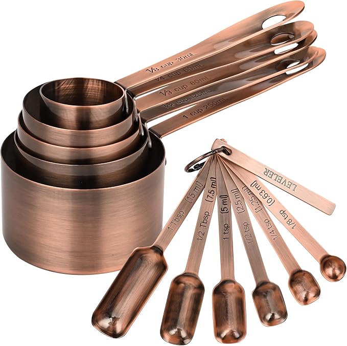 Copper Plate Measuring Cups and Spoons Set of 12, Copper Measuring Cups and Spoons Set with Leveler, Stainless Steel Measuring Spoons & Cups for Dry & Liquid Ingredients During Kitchen&Baking