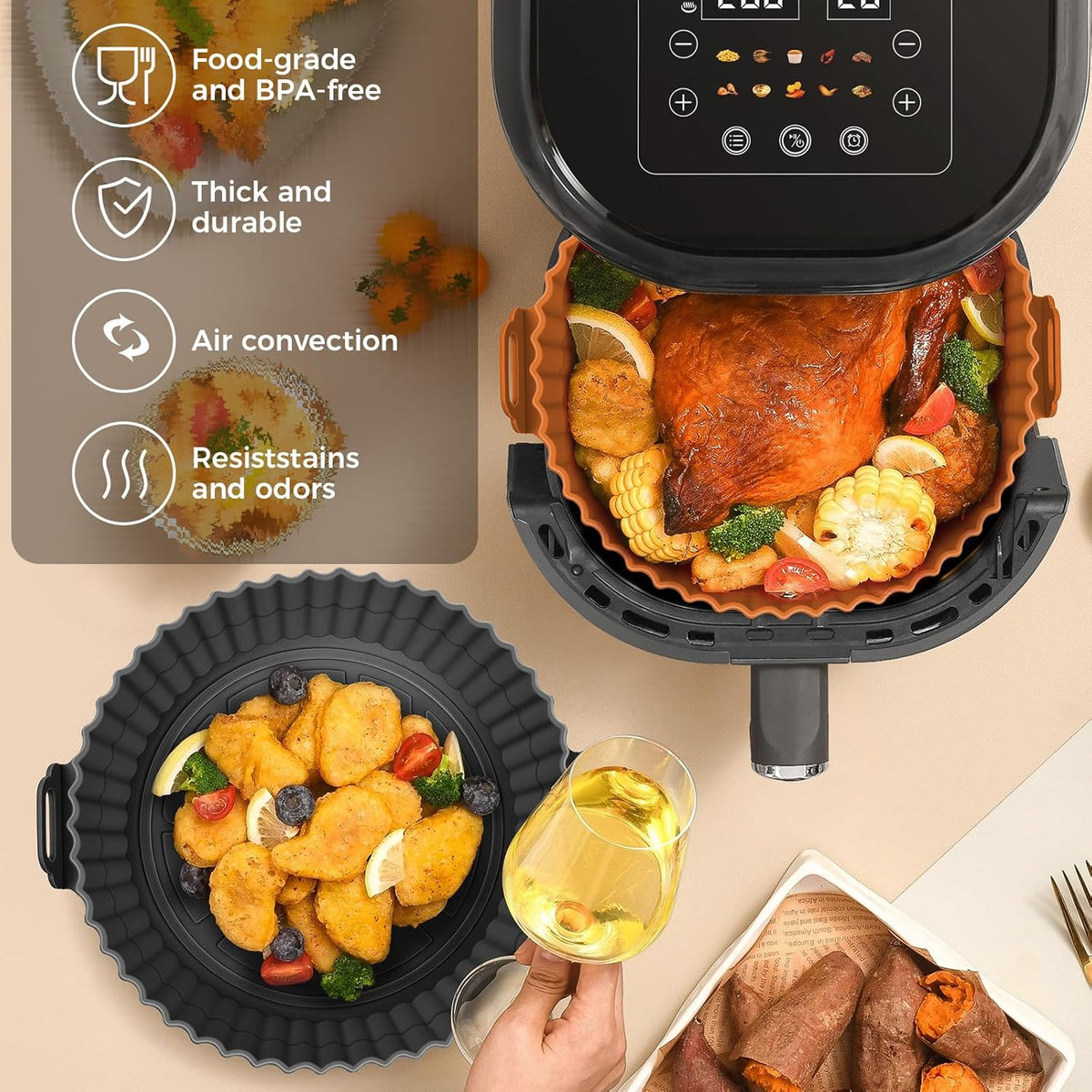 Beauty 3 Pack Air Fryer Liners - 8 Inch Silicone Pot, Reusable Food Grade, Baking Basket Accessories, Replacement for Flammable Disposable Parchment Paper