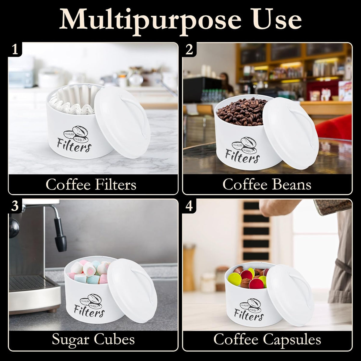 Coffee Filter Holder with Metal Lid – Coffee Filter Container for Countertop – Modern Organizer for Cone Filters – Coffe Bar Accessory for Kitchen Decor (white)