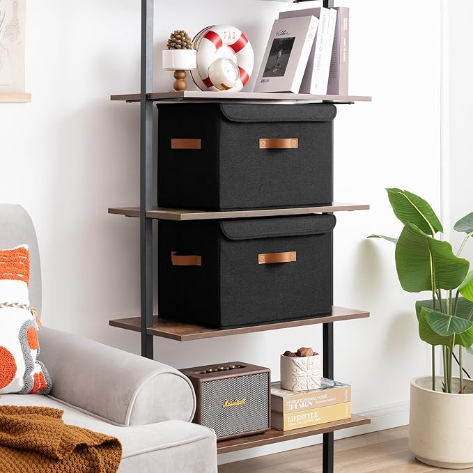 GRANNY SAYS Black Storage Bins with Lids, Decorative Storage Boxes with PU Handles, Linen Closet Organizer, Storage Baskets for Shelves, Fabric Storage Bins for Clothes, Extra Large