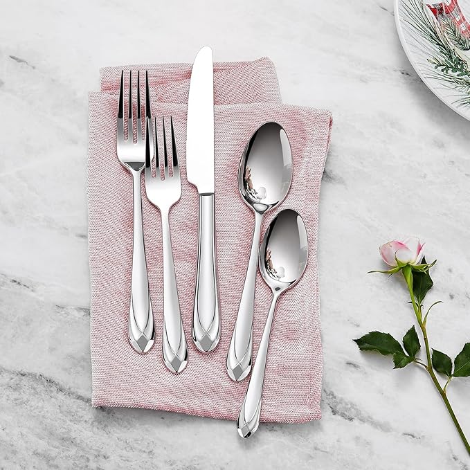 KEAWELL Premium Astra 4-Piece 9 inch Spoon Set – Mirror-Finished 18/10 Stainless Steel with Diamond-Faceted Handles Dishwasher Safe for Modern Dining (4, Serving Spoons)