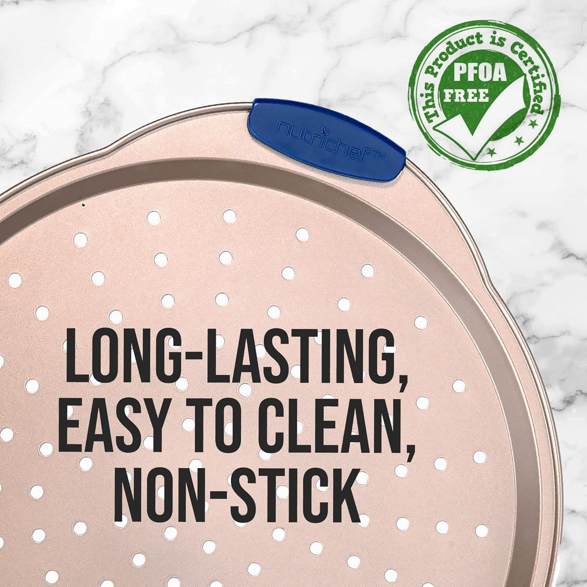 NutriChef 13-Inch Non-Stick Pizza Tray - with Silicone Handle, Round Steel Non-stick Pan with Perforated Holes, Premium Bakeware, Pizza Tray with Extended Handles, Dishwasher Safe - Champagne Gold