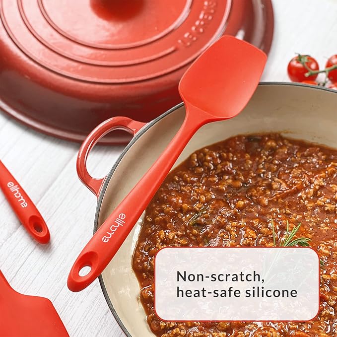 Elihome Chef Series 3 Piece Silicone Spatula Set - 600°F Heat Resistant Non Stick Rubber Kitchen Scraper Spatulas for Cooking, Baking, and Mixing – BPA Free and LFGB Certified Silicone (Red)