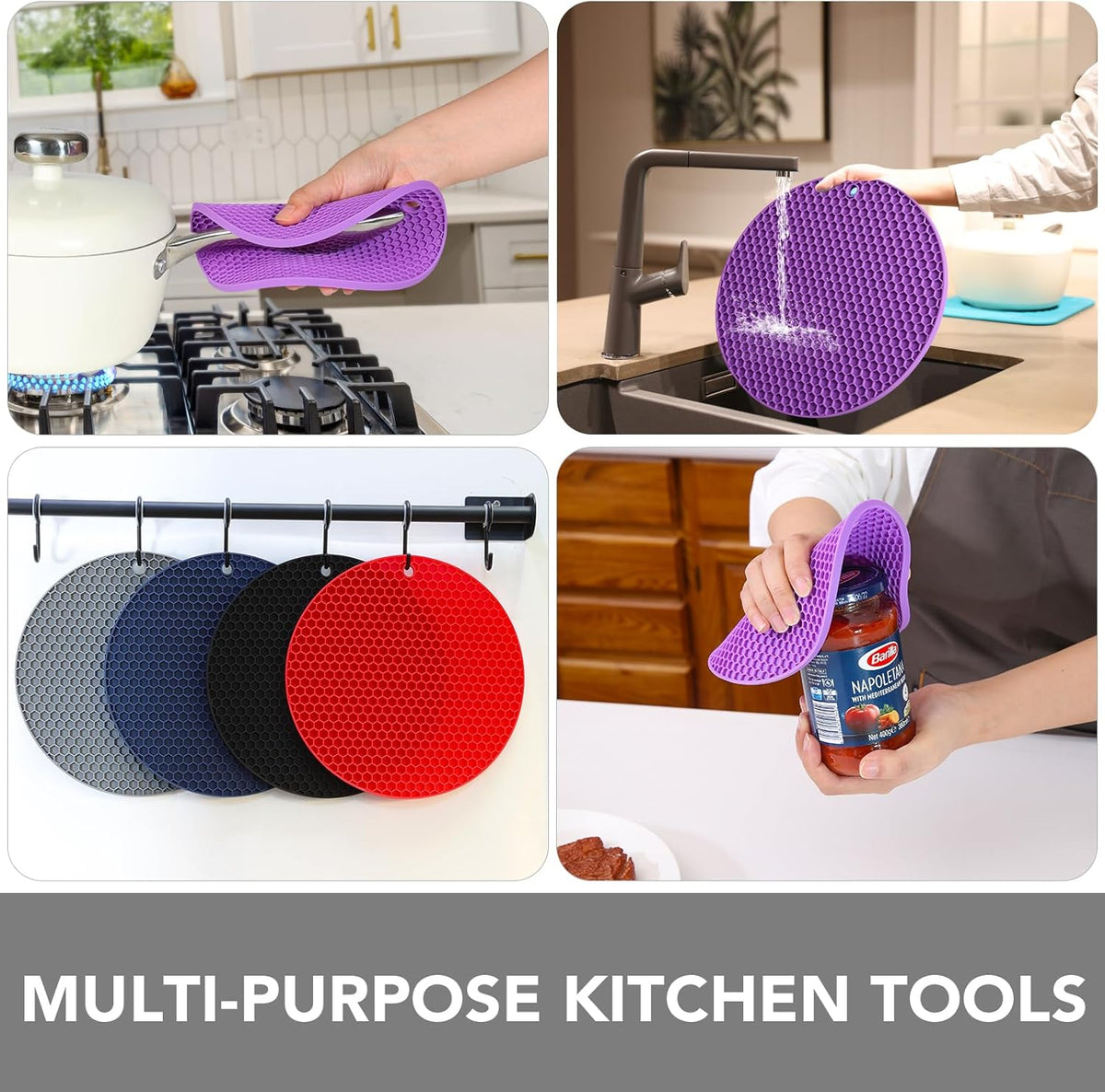 Joyhalo Trivets for Hot Dishes - Hot Pads for Kitchen, Silicone Pot Holders for Hot Pots and Pans, Silicone Mats for Kitchen Countertops, Table, Flexible Easy to Wash and Dry, Purple