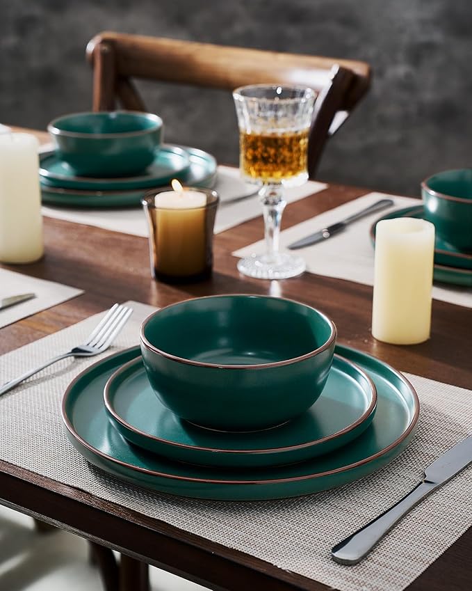 Famiware Mercury Plates and Bowls Sets, 18 Pieces Stoneware Dinnerware Sets, Dishes Set for 6, Microwave and Dishwasher Safe, Dark Green