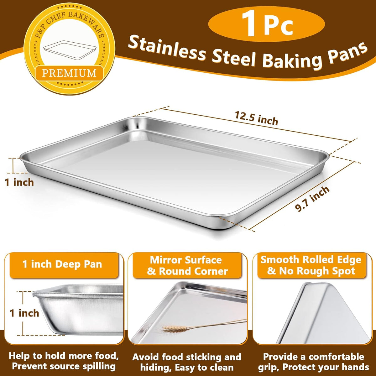 P&P CHEF 12.5 Inch Baking Sheet Pan with Rack Set, Stainless Steel Cookie Sheet Pan Tray with Cooling Rack for Oven Use, Cooking Roasting, Non Toxic & Dishwasher Safe, Heavy Duty