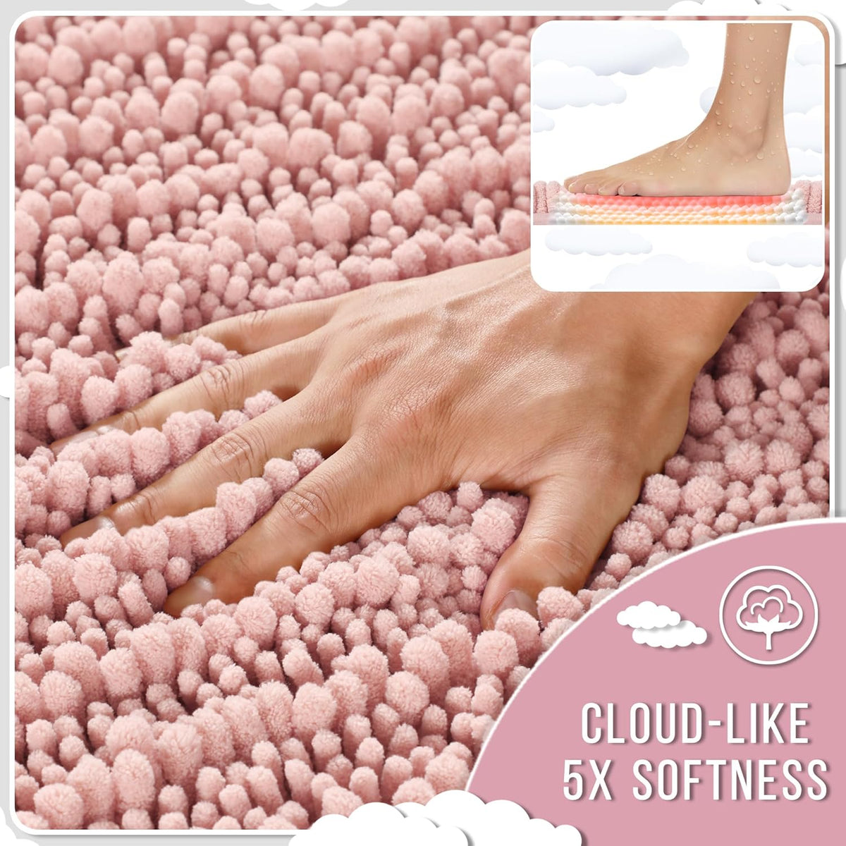 Yimobra Long Bathroom Rugs Non Slip Washable 44x24 Inch - Ultra Soft Absorbent Chenille Bath Mat, Quick Dry Shaggy Floor Carpet for Tub Shower, Light Pink Home Decor Accessories