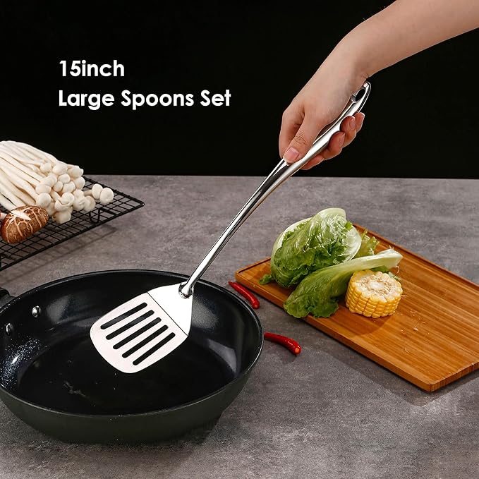 304 Stainless Steel Kitchen Utensil Set - 9 PCS Serving Utensils, Cooking Utensil, Solid Spoon, Slotted Spoon, Fork, Spatula, Ladle, Skimmer Spoon, Slotted Spatula Tunner, Spaghetti Spoon, Large Spoon