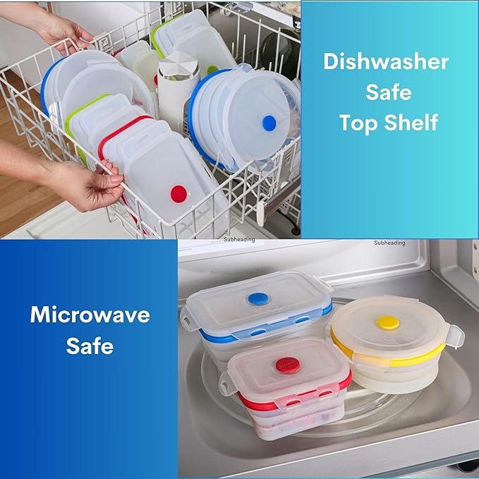 ECOBERI Collapsible Silicone Food Storage Containers, BPA Free, Microwave, Freezer and Dishwasher Safe, Lunch, Meal Prep, Travel, Space-Saving