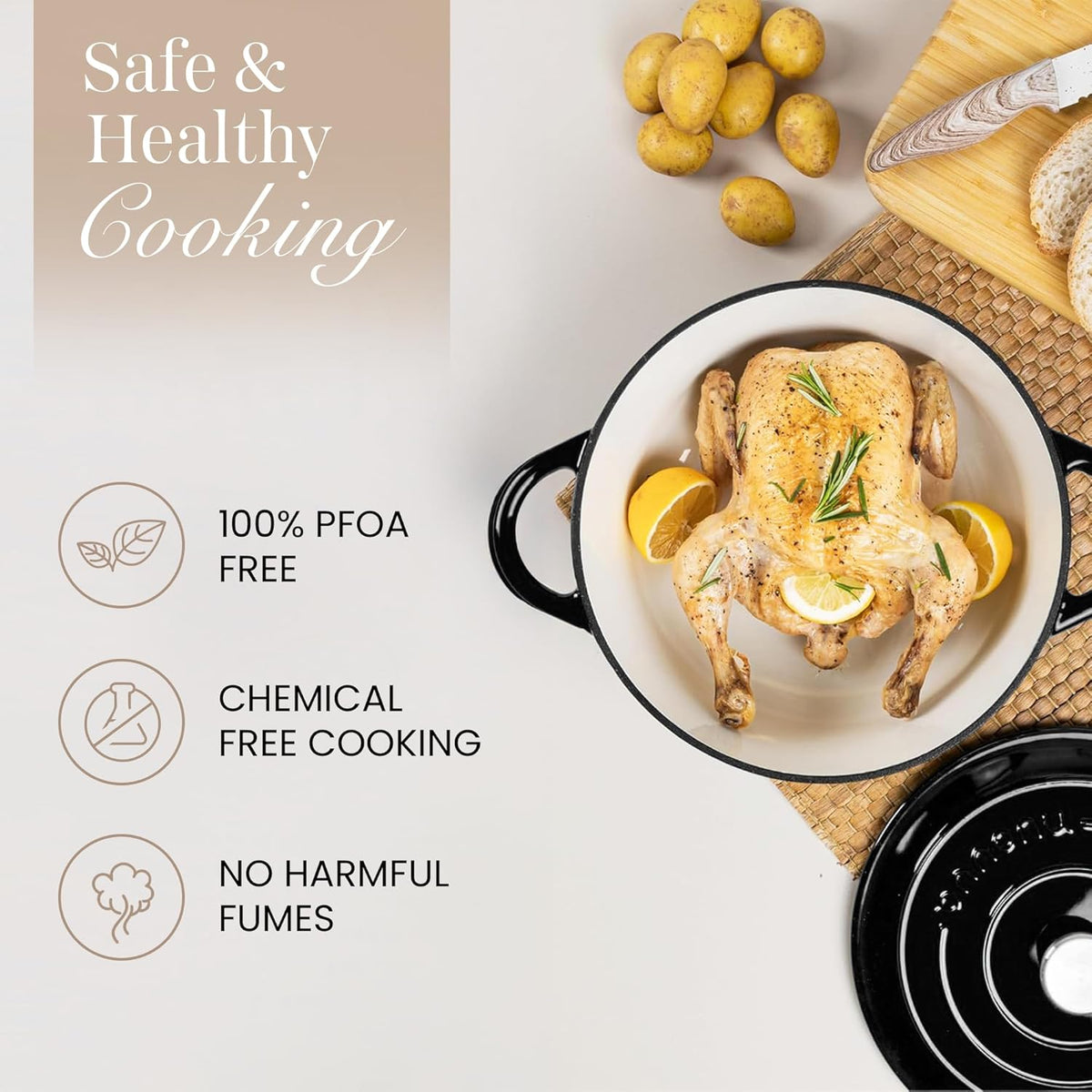 Nuovva Enamelled Cast Iron Dutch Oven Pot with Lid – 6.4 Quart Non Stick Casserole Pot – Heavy Duty & Oven Safe up to 500° F for Bread Baking, Braising, Stews, Roasting – 28cm Black