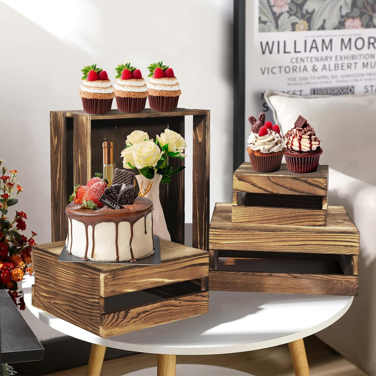 8 Pcs Buffet Risers with Mini Signs, Rustic Wood Cake Stands, Food Risers for Buffet Table, Dessert Display Stand, Wood Crates, Rustic Cake Stand for Party, Wedding, Birthday, Baby Shower, 4 Sizes