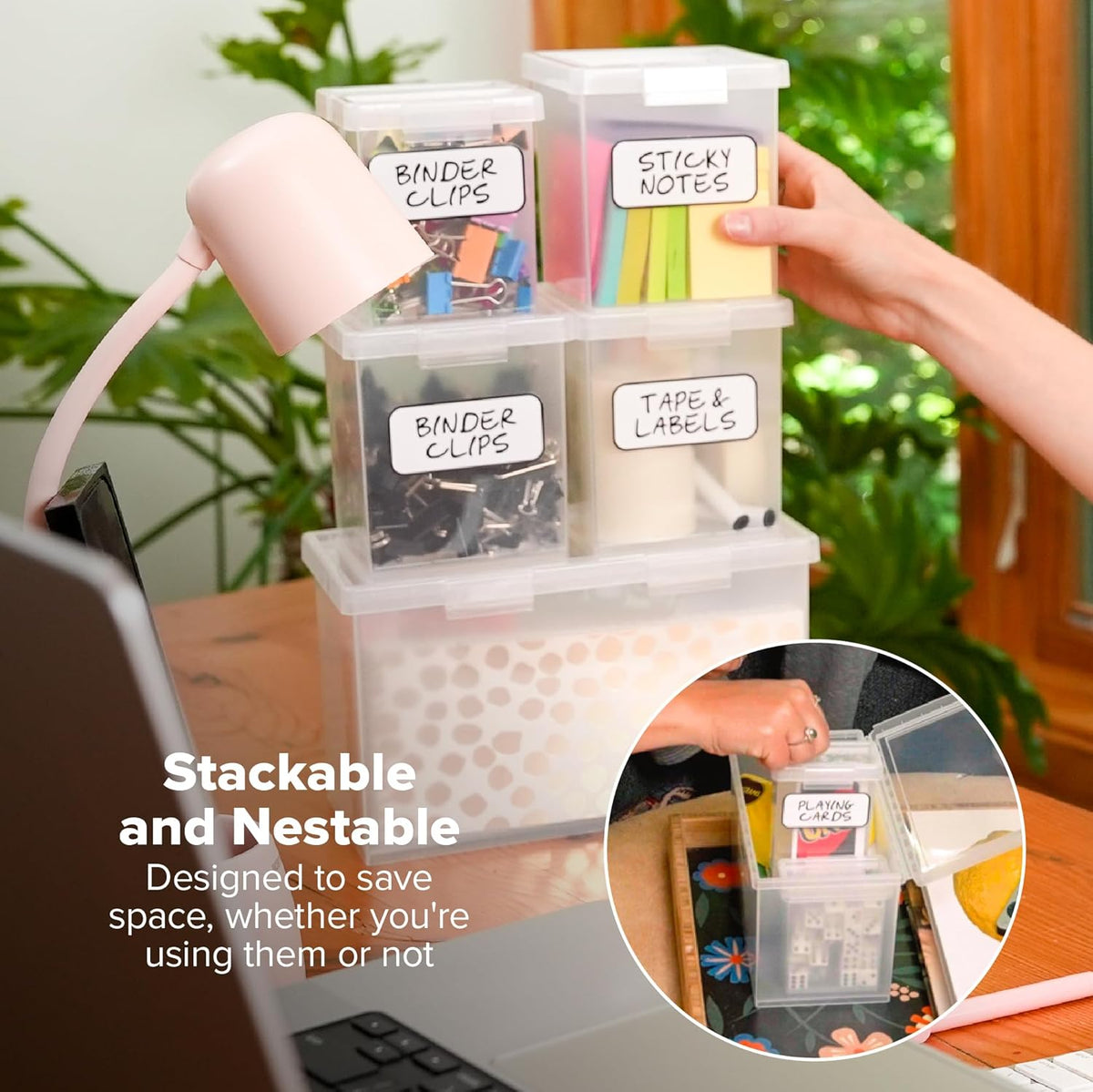 Bostitch Konnect Storage Containers with Lids, Organizer, Clear Plastic Box, Stackable Nesting Bins, 5-Piece Bundle, 1 Large, 2 Medium, 2 Small