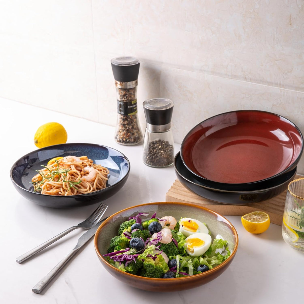 LERATIO Pasta Bowls,Ceramic 38oz Pasta Bowls,9.0" Reactive Glaze Pasta Bowl Set of 4,Microwave & Dishwasher,Oven Safe,Large Wide Serving Bowls for Salad, Dessert,Pizza,Fruit -Colorful