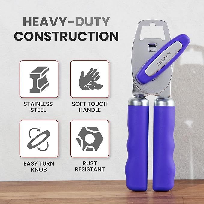 Zulay Kitchen Heavy Duty Stainless Steel Can Opener Manual with Bottle Opener - Rust Proof Manual Can Opener With Turn Knob & Comfy Soft Grip Handles - Purple