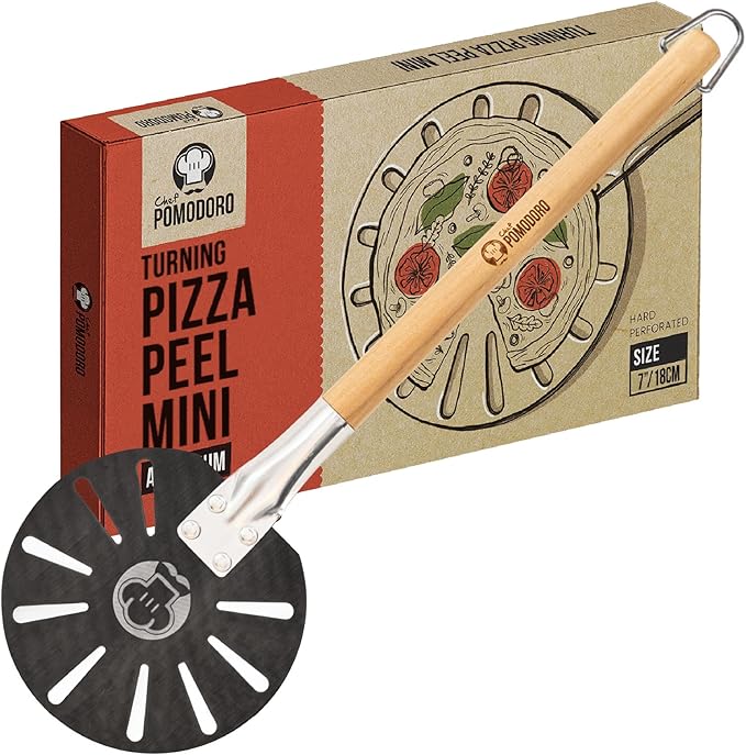 Chef Pomodoro Pizza Turning Peel Aluminium with Wood Handle for Easy Storage, Perforated Pizza Peel Turner, Gourmet Luxury Pizza Paddle for Baking Homemade Pizza Bread, Pizza Turner (7-Inch)