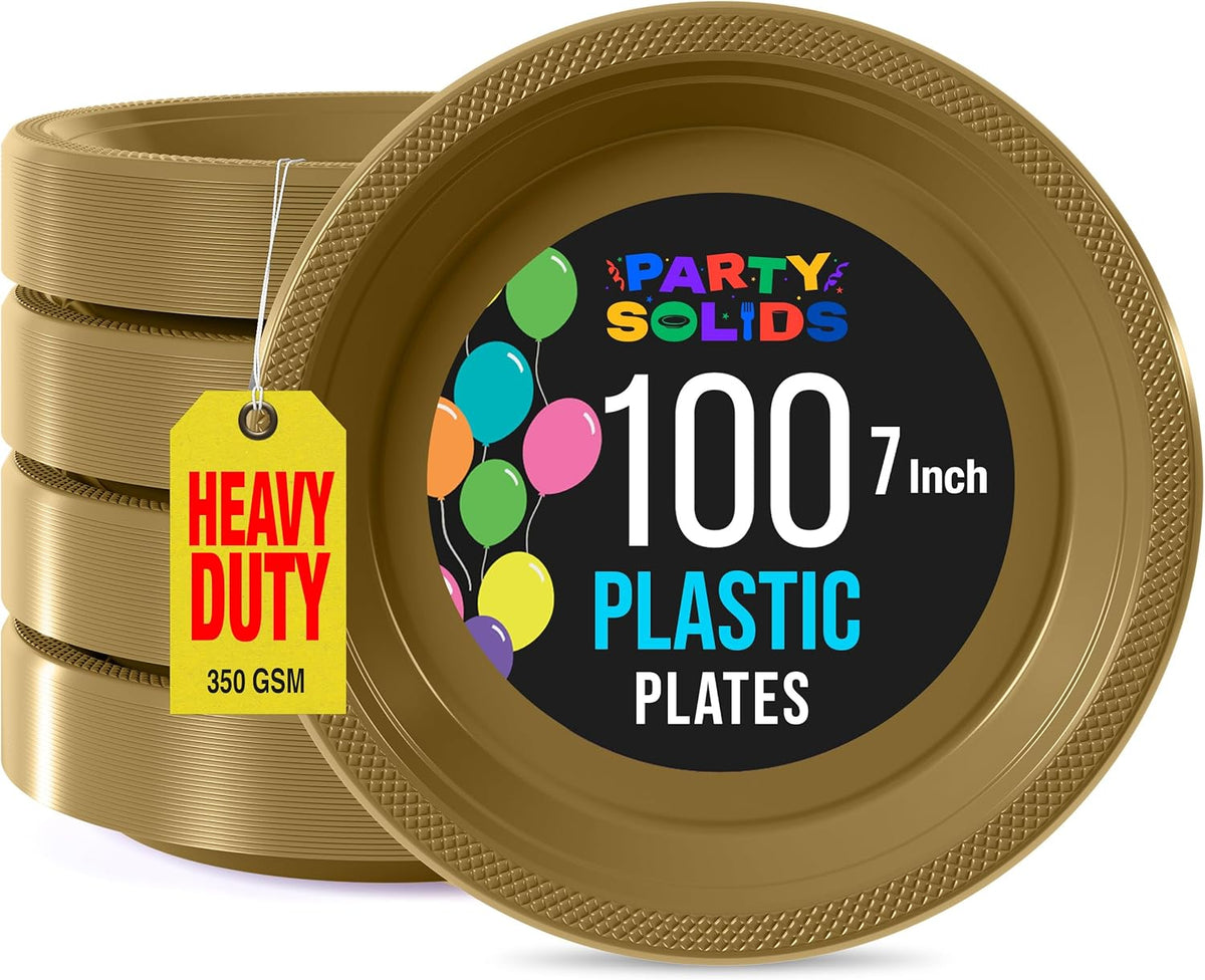 Exquisite Party Solids Gold Plastic Plates For Party 7" Gold Disposable Plates Heavy Duty Supplies 100 Pcs Plastic Dinnerware Sets Heavy Duty 350 GSM Disposable Dinnerware Set