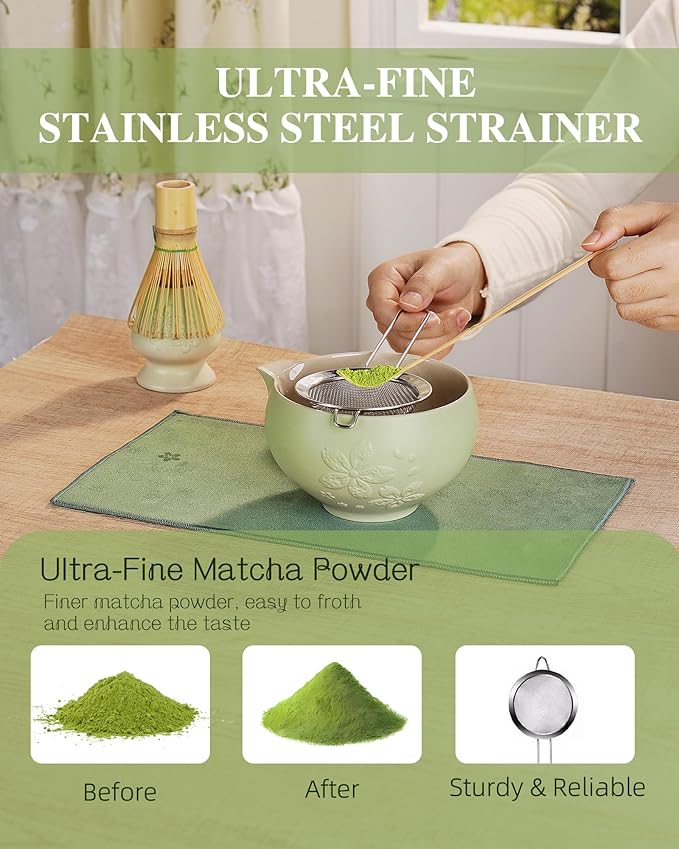 ZENS Matcha Whisk Set, Ceramic Matcha Tea Set with 15oz Sakura Bowl and Bamboo Whisk & Scoop, (Chasen Holder), Stainless Sifter-Tea Towel, 6pcs Matcha Kit for Matcha Lovers, Green