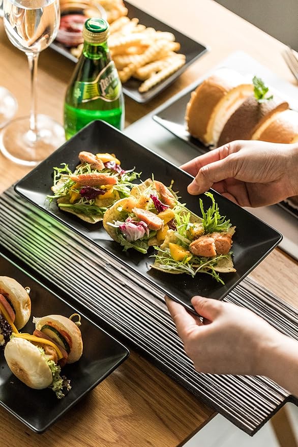 Gomakren Black Serving Platter Set of 4 Porcelain Serving Plates Rectangular Halloween Serving Dishes and Platters Serving Trays for Party Appetizer Sushi, 10 Inch Black Serveware Thanksgiving Gifts
